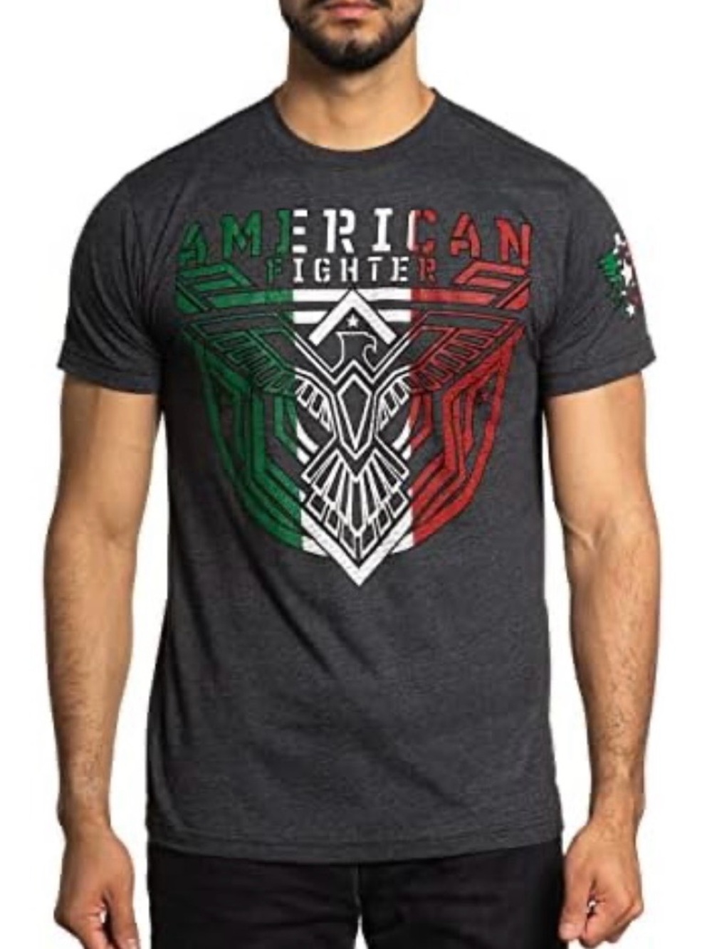 American Fighter Charcoal Short Sleeve Tee with Green White & Red Graphic | NWOT